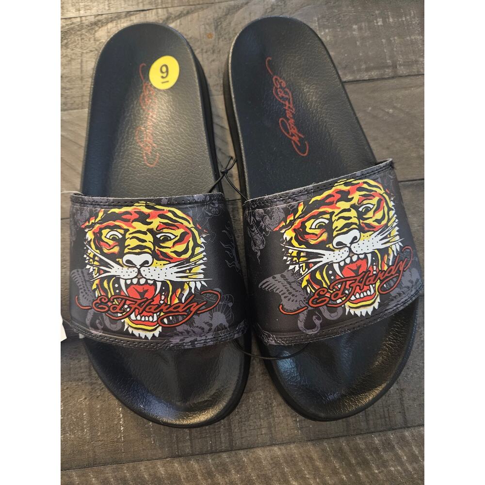 Men's Ed Hardy Sport Sandals, Slides Slip Ons Roaring Tiger, Size 9 Black NWT